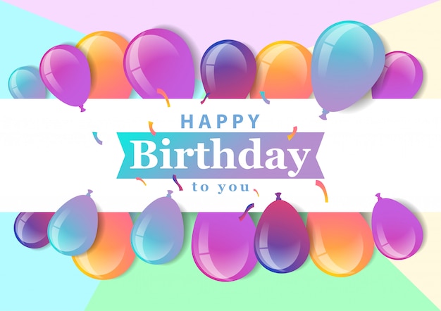 Banner de feliz aniversário com balões, confetes e gradientes.