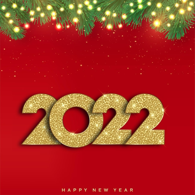 Vetor banner de feliz ano novo 2022 com texto de luxo dourado 2022 e borda de pinheiro. vetor.