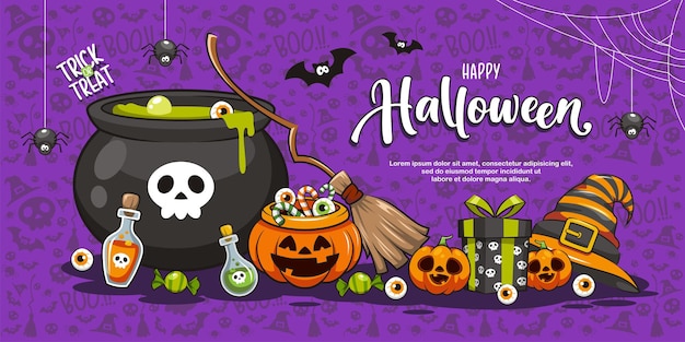 Vetor banner de feliz halloween com caldeirão de abóbora laranja, doce venenoso e chapéu de bruxa