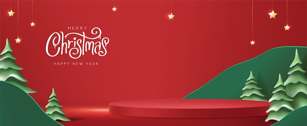 Banner de feliz Natal com exibição de produto em formato cilíndrico e estilo de corte de papel de árvore de natal