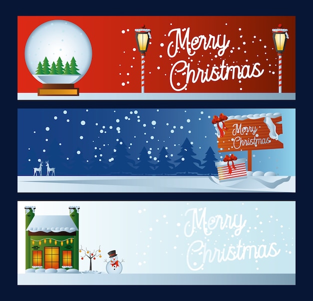 Banner de feliz natal com letras de bola de neve e ilustração de inverno