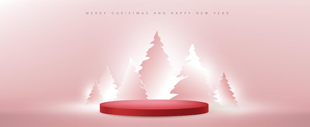 Banner de feliz natal e feliz ano novo com exibição de produto vermelho em formato cilíndrico e árvore de natal com corte de papel e sombra de arte. luz
