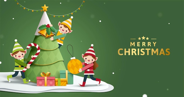 Banner de Feliz Natal em arte de papel 3d Lindos duendes de Natal estão decorando a árvore de Natal na neve