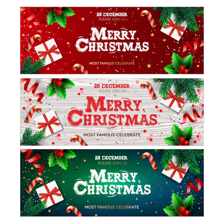 banner de feliz natal, Natal com caixa de presentes, galhos de pinheiro verde, bastão de doces e bagas de azevinho.