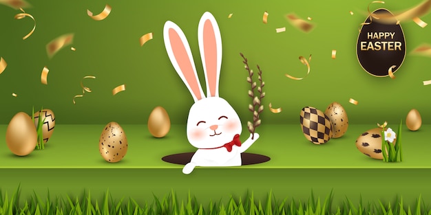 Banner de feliz páscoa com ovos de ouro e coelho