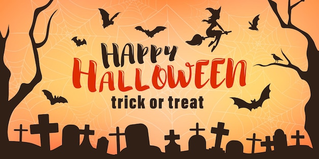 Banner de férias com texto Happy Halloween, Trick or Treat como promoção, publicidade online ou de moda