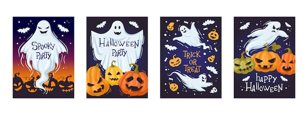 Banner de festa fantasma assustador de feriado de Halloween cartões de abóboras assustadoras ilustrações de fundo vetorial