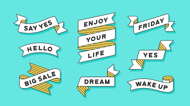 Banner de fita. Conjunto de banner de fita branca com texto, frase