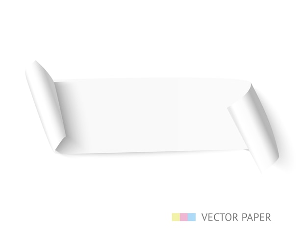 Vetor banner de fita de papel curvo branco com rolo de papel isolado no fundo branco. papel realista com modelo de sombra para promoção e venda.