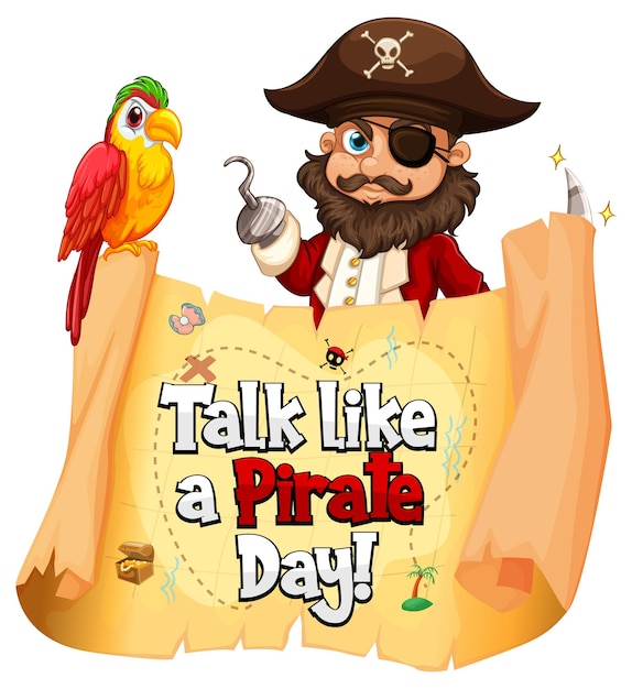 Banner de fonte do dia de talk like a pirate com personagem de desenho animado do pirata