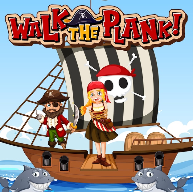 Banner de fonte walk the plank com a garota pirata em pé na prancha