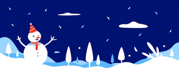 Banner de fundo inverno com boneco de neve e paisagem