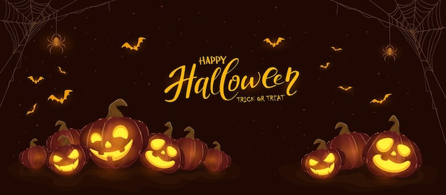 Banner de halloween com abóboras e aranhas em fundo preto