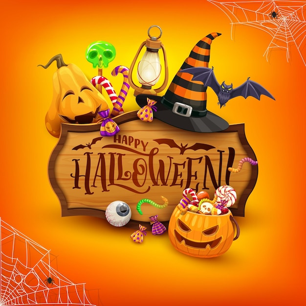 Banner de halloween com doces de chapéu de abóbora de desenho animado