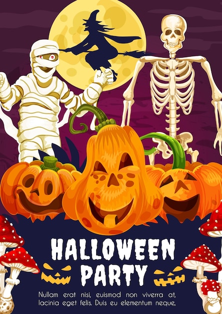 Banner de halloween com esqueleto de abóbora e bruxa