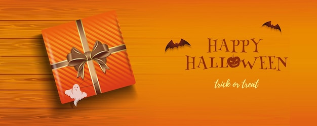 Banner de Halloween com giftbox em cima da mesa. Feliz Dia das Bruxas. Ilustração vetorial