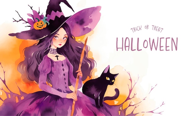 Banner de halloween com ilustração de bruxa e gato preto