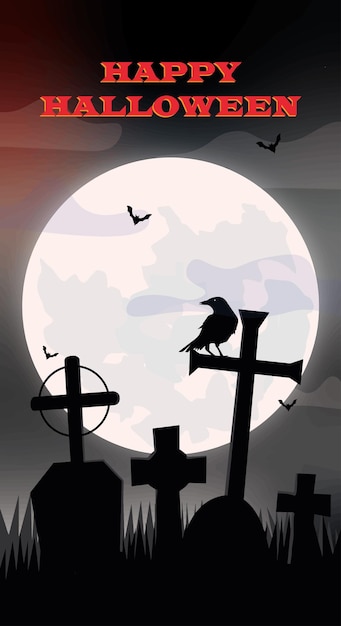 Banner de halloween com sepulturas de lua e coroa