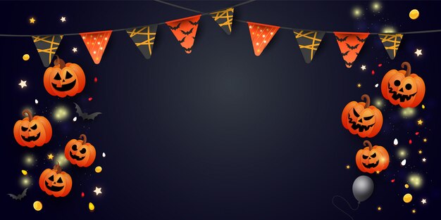 Banner de halloween com símbolos abóbora, guirlandas coloridas e doces em fundo escuro gradiente.