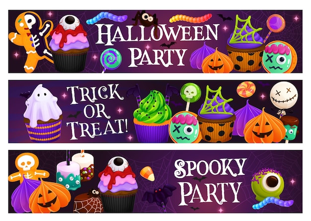 Banner de halloween com sobremesa e doces assustadores