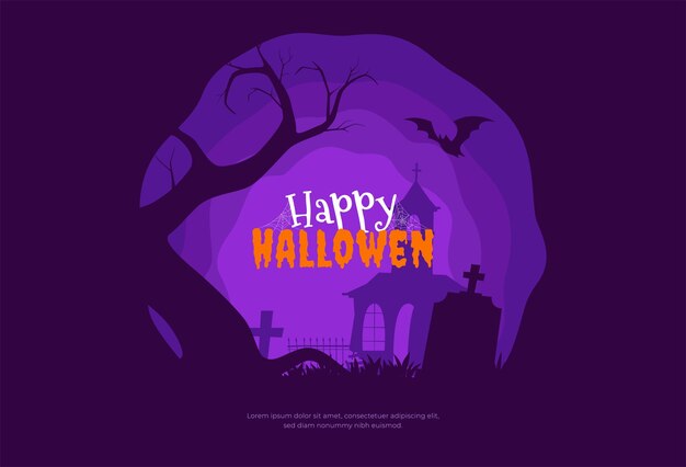 Banner de Halloween feliz com silhuetas assustadoras de sepulturas de árvores e edifícios abandonados ilustração vetorial de fundo de Halloween