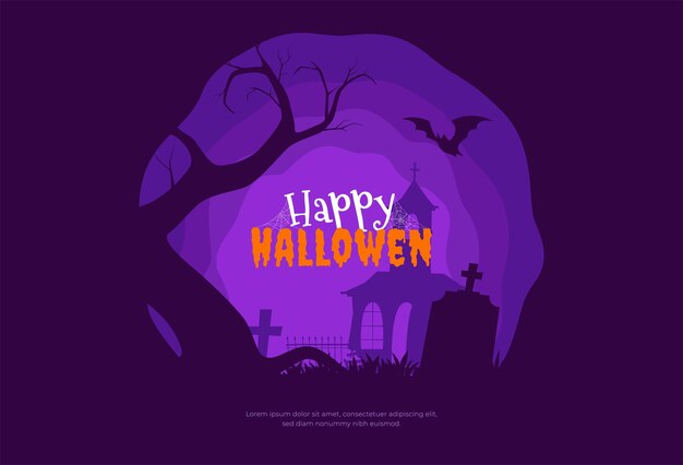 Banner de halloween feliz com silhuetas assustadoras de sepulturas de árvores e edifícios abandonados ilustração vetorial de fundo de halloween