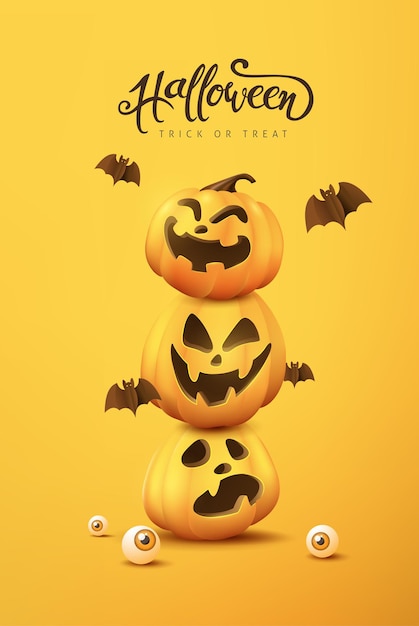 Banner de halloween ou fundo de convite de festa com caretas engraçadas de abóbora