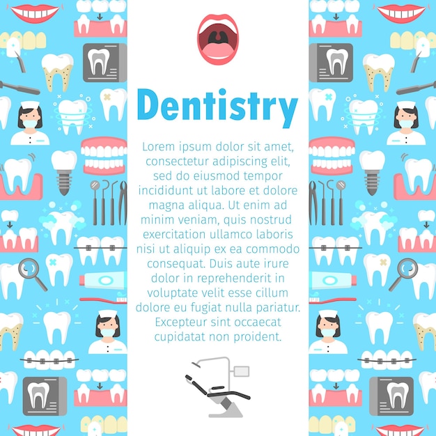 Vetor banner de ícones planos de odontologia