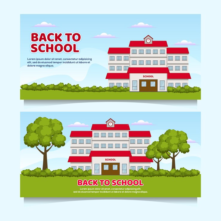 Banner de ilustração de escola de Design plano, volta ao evento escolar