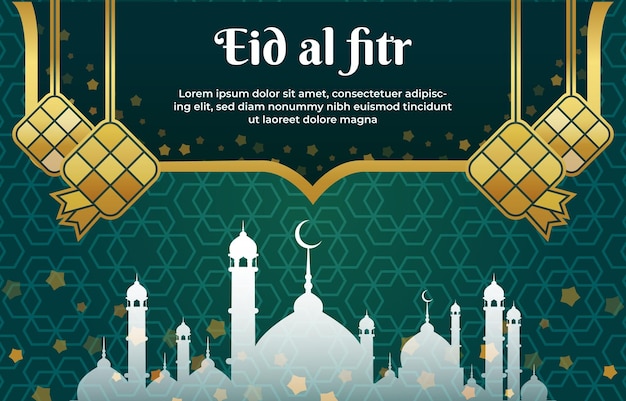 Vetor banner de ilustração eid al fitr com belo ornamento islâmico brilhante e design de fundo verde gradiente abstrato