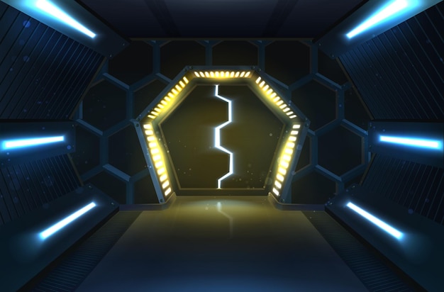 Banner de ilustração vetorial realista 3d portas de abertura hexagonais deslizantes com luzes de neon e corrid