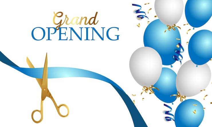 Vetor banner de inauguração com fita, balões e tesouras de ouro, confetes.