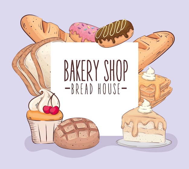 Banner de letras de loja de padaria com design de ilustração vetorial de produtos de confeitaria