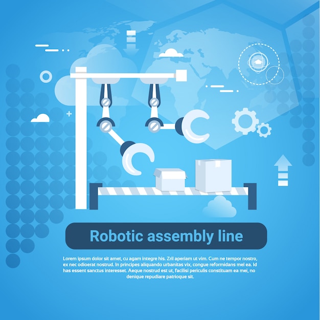 Banner de linha de montagem robótica web com cópia espaço no fundo azul