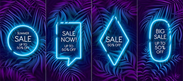 Banner de luz neon em cor fluorescente, conceito de fundo tropical