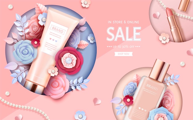 Banner de maquiagem cosmética com lindas flores de papel em rosa pêssego