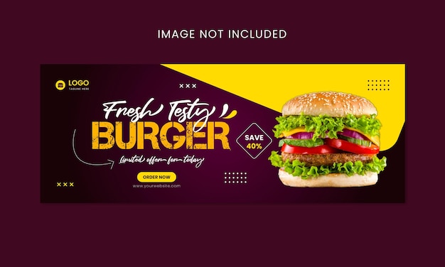 Banner de mídia social de promoção de menu de fast food de hambúrguer fresco e modelo de capa do facebook