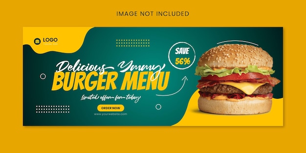 Banner de mídia social de promoção de menu de hambúrguer delicioso delicioso e modelo de capa do facebook