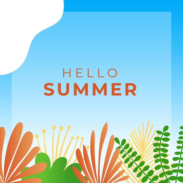 Banner de mídia social de verão com flores e folhas de verão tropical. modelo de postagem do instagram com tema de verão