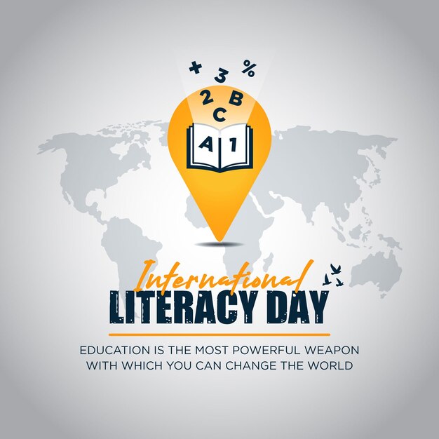 Banner de mídia social do dia internacional da alfabetização livro aberto e vetor de educação infantil