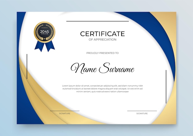 Banner de modelo de certificado com forma geométrica abstrata para modelo de impressão com onda dourada e branco limpo moderno