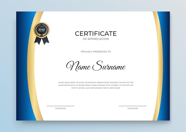 Banner de modelo de certificado com forma geométrica abstrata para modelo de impressão com onda dourada e branco limpo moderno
