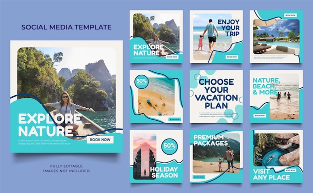 Banner de modelo de mídia social promoção de serviço de viagens e férias totalmente editável instagram e facebook quadrado post frame quebra-cabeça cartaz de venda orgânica