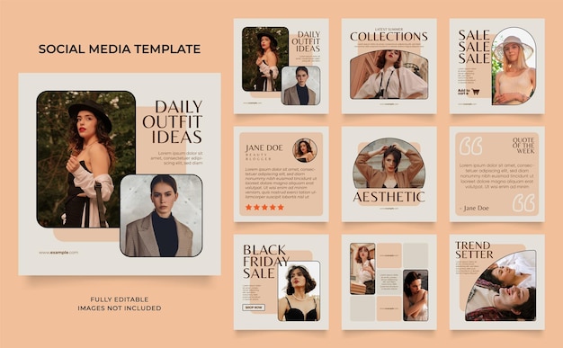 Banner de modelo de mídia social promoção de venda de moda totalmente editável instagram e facebook quadrado post frame quebra-cabeça cartaz de venda orgânico fundo vetorial marrom