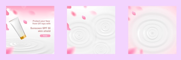 Banner de modelo de postagem quadrada para mídia social cosmética em rosa com ondulação de água e flor de cerejeira