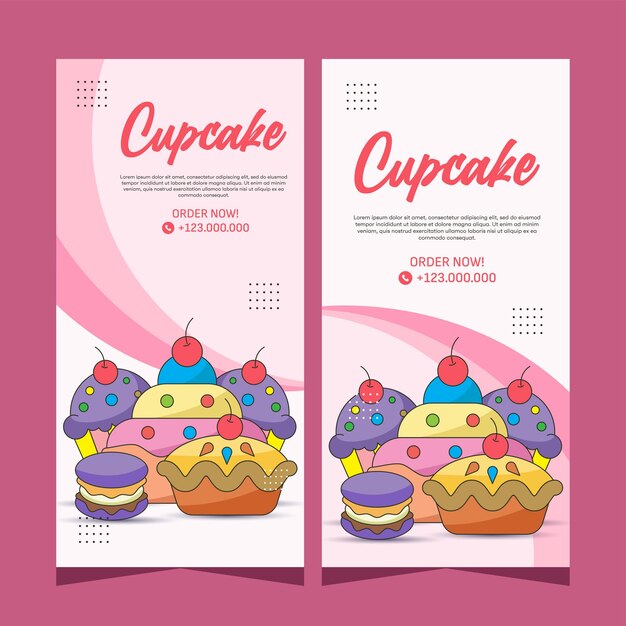 Vetor banner de modelo vertical de cupcakes em design vetorial