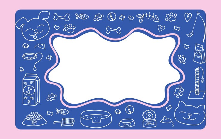 Banner de moldura com impressões de patas de cão, gato, alimento para animais de estimação, brinquedos, ícones de animais desenhados à mão, fundo de estilo doodle