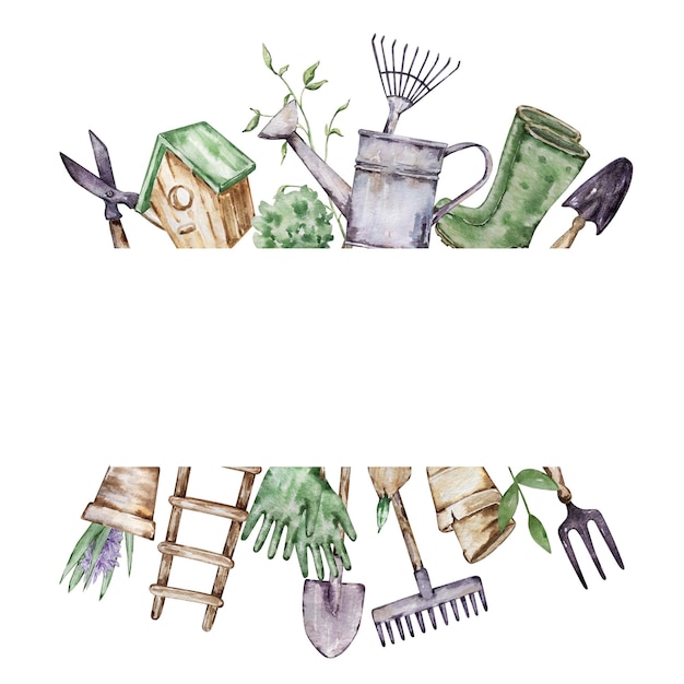 Banner de moldura em aquarela de ferramentas de jardinagem xA