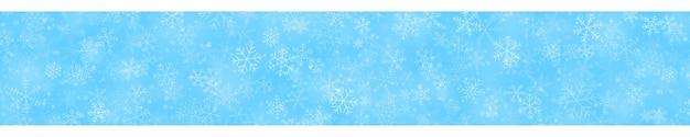 Banner de natal com flocos de neve de diferentes formas, tamanhos e transparências em fundo azul claro