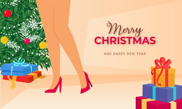 Banner de natal com pernas femininas de desenho animado